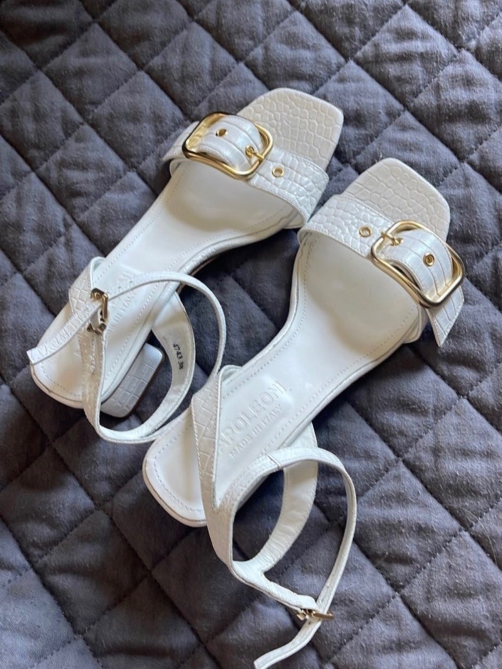 White Croc-Texture Ankle-Strap Heels with Gold Buckle